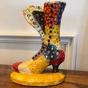 Vintage ceramic folk art patchwork boot/vase